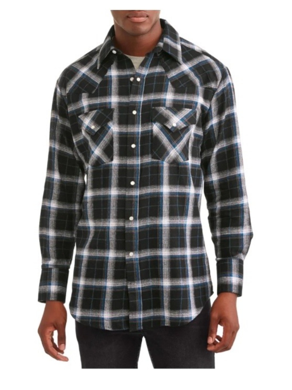 Plains Western Wear Men's Blue Black & White Plaid Long-Sleeve Shirt 2X